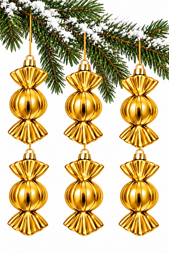 Waldern 6lı 8 cm BonBon Şeker Yılbaşı Çam Ağacı Süsü Gold