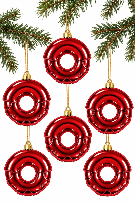 Waldern 6lı 8 cm Donut Yılbaşı Çam Ağacı Süsü Kırmızı