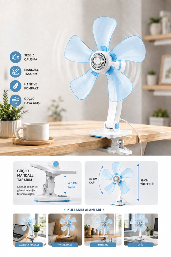 Waldern Taşınabilir, Sessiz Akrobat - Klipsli Fan - Masa Üstü Mavi Vantilatör - 32 cm & 180 Eğim