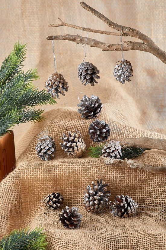 Waldern Yılbaşı Çam Ağacı Süsü Kozalak 12li Gümüş Simli