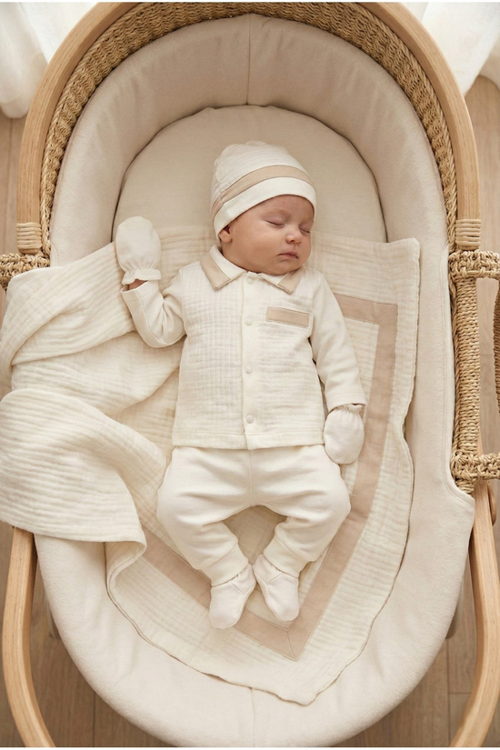 ERKEK BEBEK %100 PAMUK 5'Lİ BATTANİYELİ MÜSLİN SET YENİDOĞAN HASTANE ÇIKIŞI ZIBIN SETİ KUTULU
