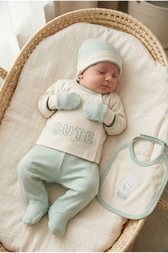 ERKEK BEBEK CUTE BEAR %100 PAMUK 0-3 AY 5'Lİ YENİDOĞAN HASTANE ÇIKIŞI ZIBIN SETİ