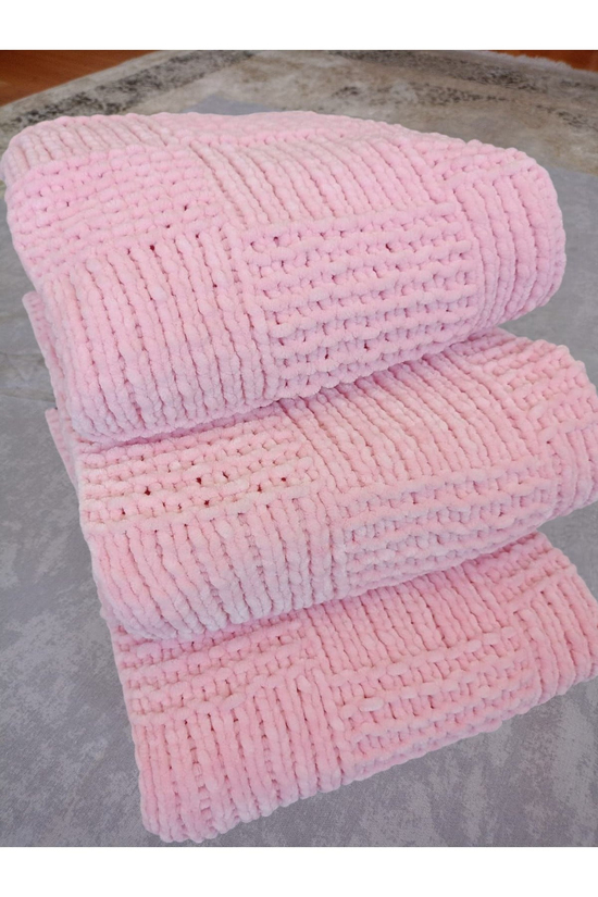 Kadife el örgü pembe bebek battaniyesi & diz battaniyesi