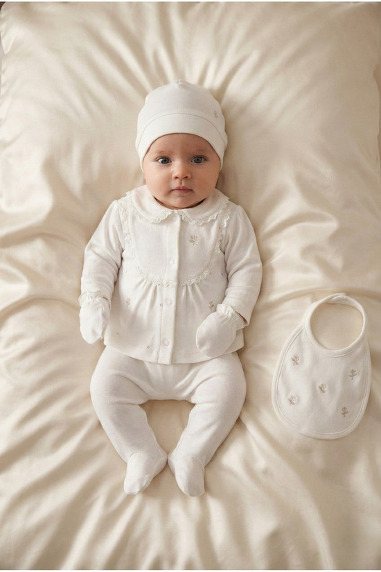 KIZ BEBEK %100 PAMUK ÇİÇEK NAKIŞLI 5'Lİ YENİDOĞAN HASTANE ÇIKIŞI ZIBIN SETİ KUTULU
