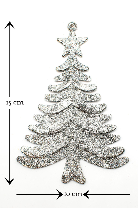 3lü Simli Çam Ağacı Gümüş-kırmızı Yılbaşı Çam Ağacı Süsü 15*10 Cm