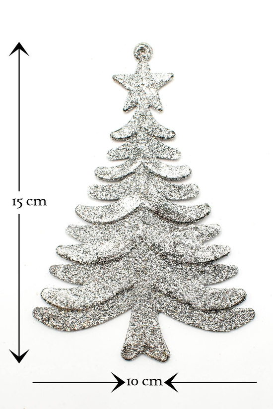 3lü Simli Çam Ağacı Gümüş-kırmızı Yılbaşı Çam Ağacı Süsü 15*10 Cm