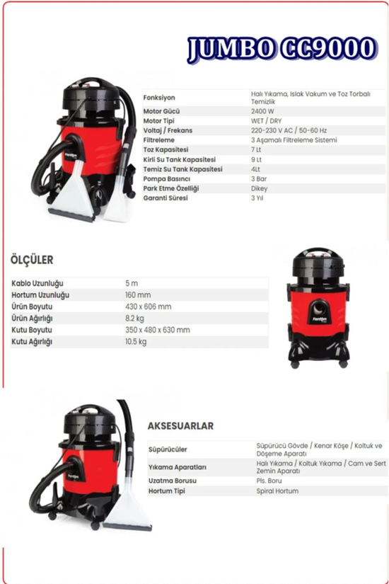 Jumbo Cc9000 Halı Koltuk Yıkama Robotu Ve Leke Çıkartma Makinesi  2400 W