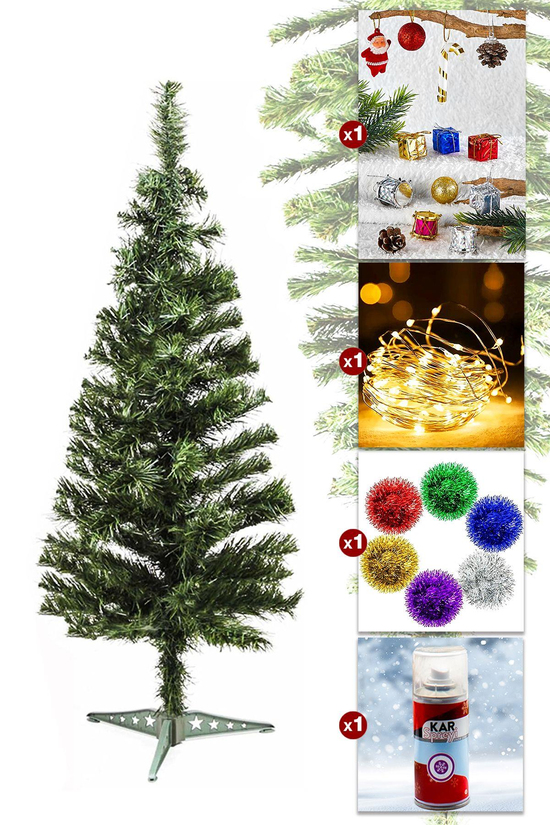 Luxury 60 CM Yılbaşı Çam Ağaç Seti 5 Metre Peri Ledli Ve Yılbaşı Süsleri Paketi Kar Spreyi