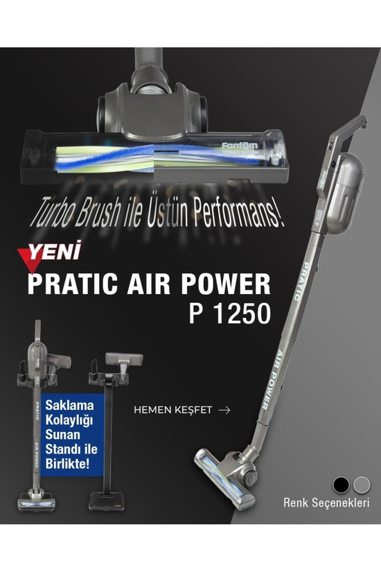 Pratic Aır Power P 1250 Antrasit Torbasız Dönebilen Turbo Başlıklı Dikey Süpürge .
