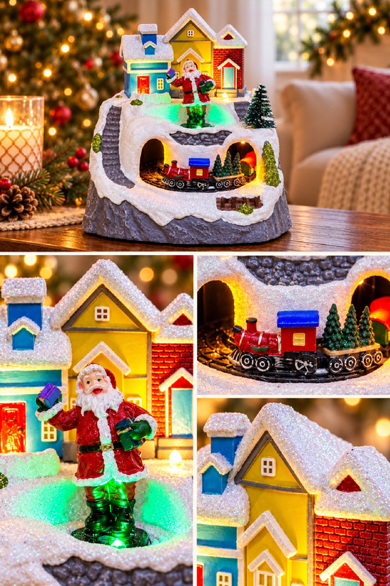 Premium Collection Dekoratif Kar Köyü Müzik Kutusu Yılbaşı Temalı Snow Village 13x12x14 Cm Noel Baba