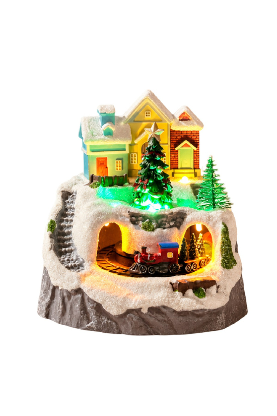 Premium Collection Dekoratif Kar Köyü Müzik Kutusu Yılbaşı Temalı Snow Village 13x12x14 Cm Yıldızlı Ağaç