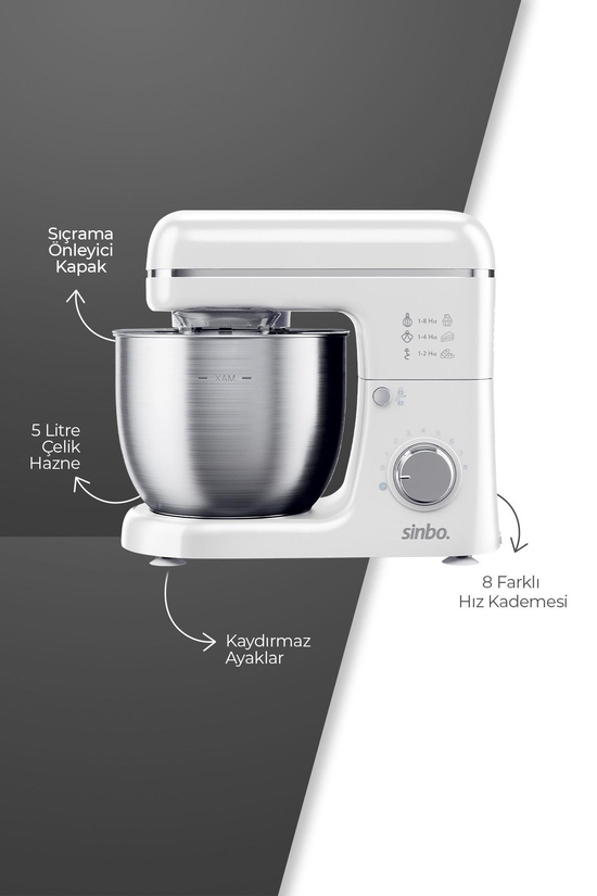 Sinbo SMX-2771 Stand Mikser | 1300W, 5L, Çok Fonksiyonlu Stand Mikser - Mutfak Şefi Beyaz