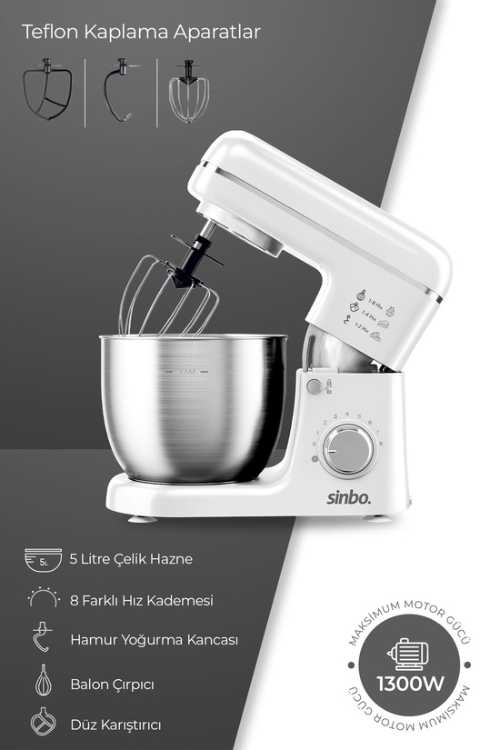 Sinbo SMX-2771 Stand Mikser | 1300W, 5L, Çok Fonksiyonlu Stand Mikser - Mutfak Şefi Beyaz