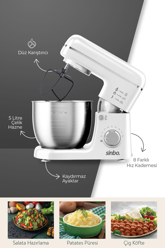 Sinbo SMX-2771 Stand Mikser | 1300W, 5L, Çok Fonksiyonlu Stand Mikser - Mutfak Şefi Beyaz