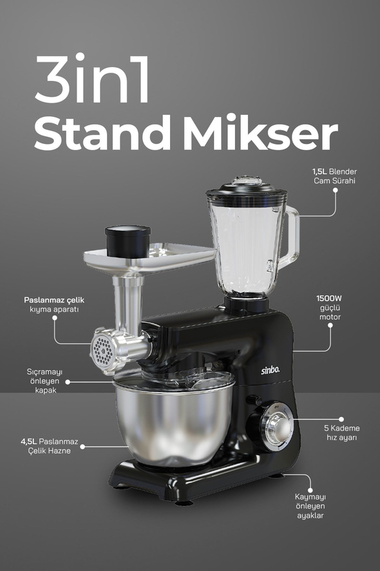 Sinbo SMX-2775 Çok Amaçlı Mutfak Şefi ( Hamur - Kıyma - Blender Makinesi )