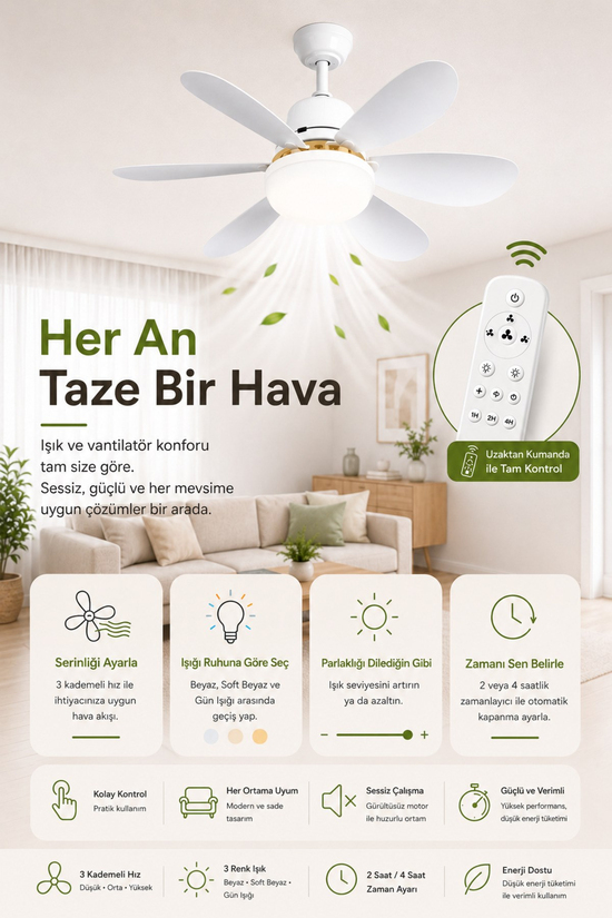 Waldern 6 Kanatlı, Işıklı Sessiz Çalışma Tavan Tip Vantilatör