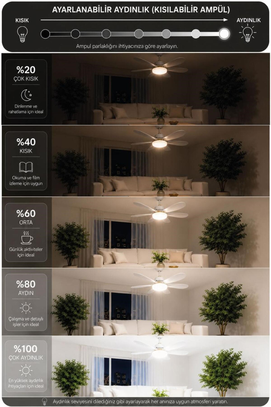 Waldern 6 Kanatlı, Işıklı Sessiz Çalışma Tavan Tip Vantilatör