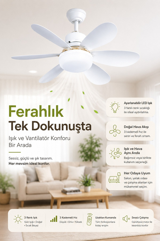Waldern 6 Kanatlı, Işıklı Sessiz Çalışma Tavan Tip Vantilatör
