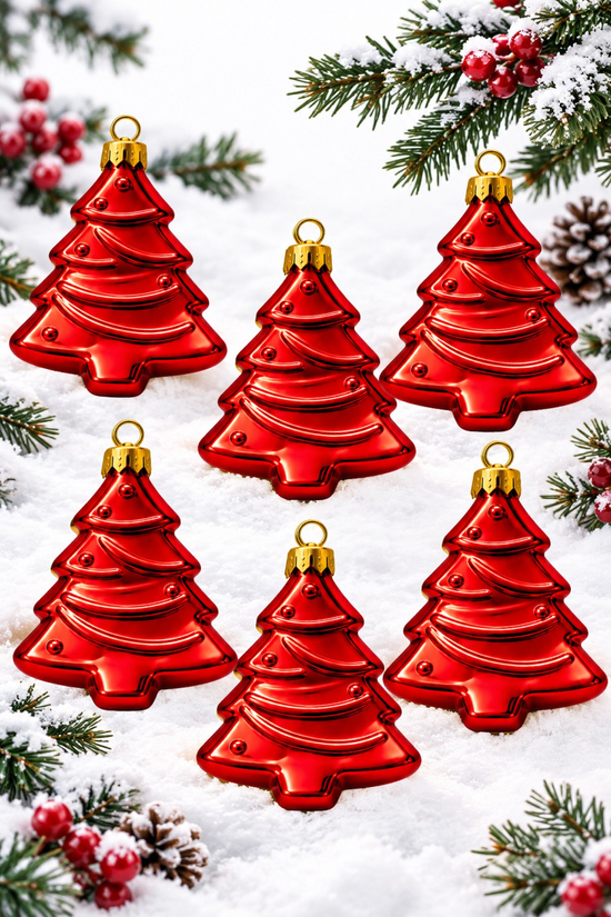 Waldern 6lı 10cm Ağaç Figürlü Xmass Tree Yılbaşı Çam Ağacı Süsü Kırmızı