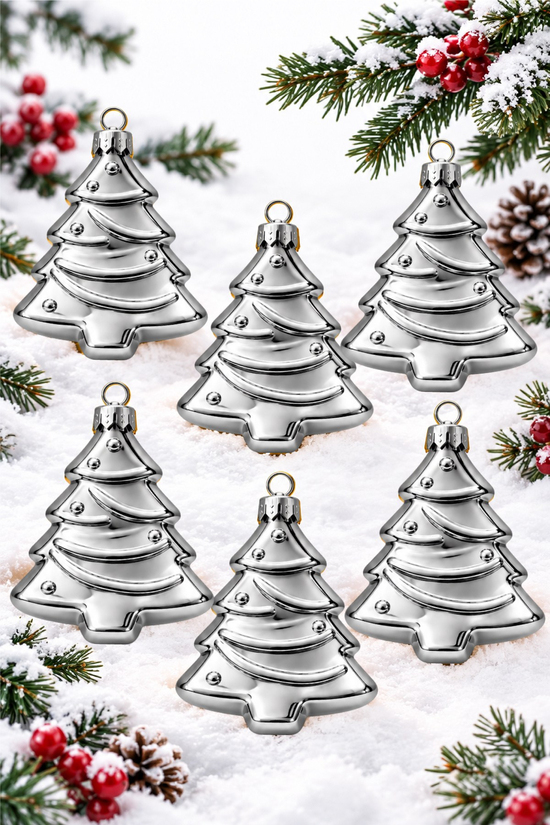 Waldern 6lı 10cm Ağaç Figürlü Xmass Tree Yılbaşı Çam Ağacı Süsü Gümüş