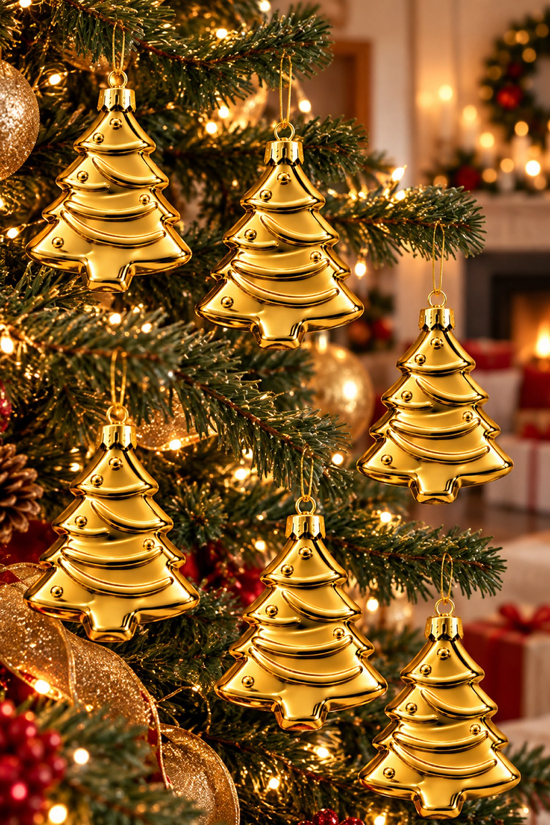 Waldern 6lı 10cm Ağaç Figürlü Xmass Tree Yılbaşı Çam Ağacı Süsü Gold