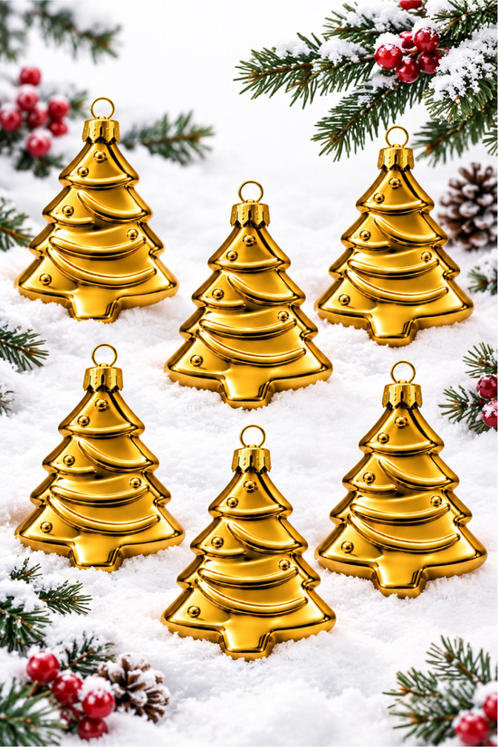 Waldern 6lı 10cm Ağaç Figürlü Xmass Tree Yılbaşı Çam Ağacı Süsü Gold