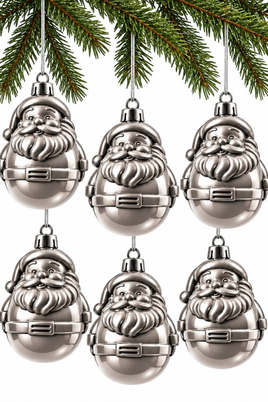 Waldern 6lı 8.5 cm Noel Baba Figürlü Yılbaşı Çam Ağacı Süsü Gümüş