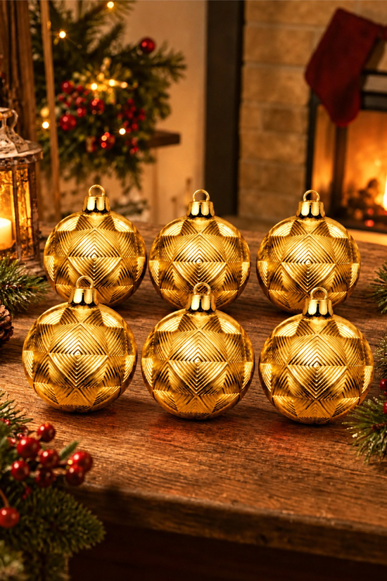 Waldern 6lı 8 cm Geo Desenli Yılbaşı Çam Ağacı Süsü Gold