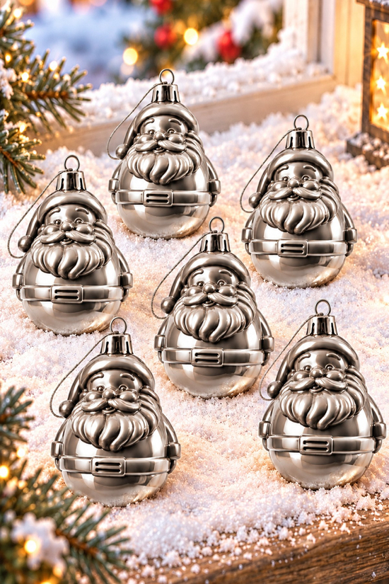 Waldern 6lı 8.5 cm Noel Baba Figürlü Yılbaşı Çam Ağacı Süsü Gümüş