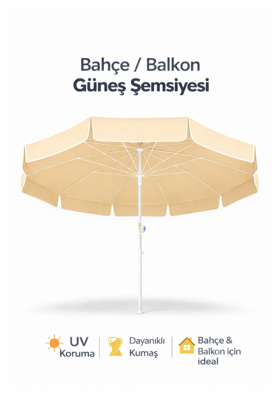 Waldern Garden 8 Telli Yüksek Kaliteli Eğilebilir Güneş Geçirmez Plaj Şemsiyesi 200cm - Bej