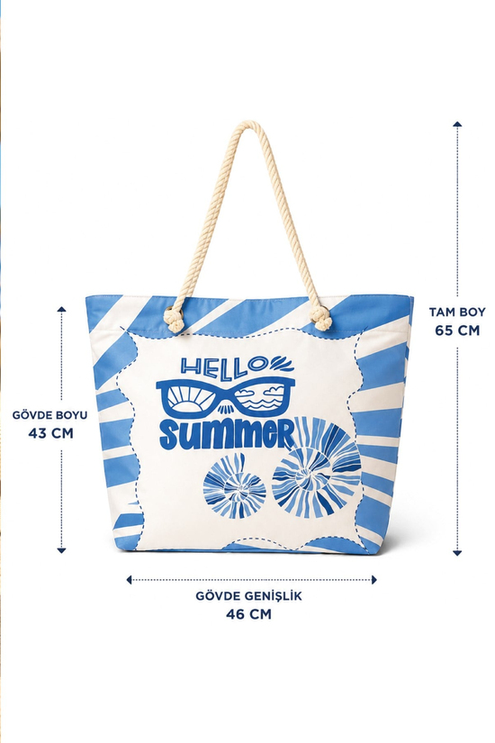 Waldern Plaj Çantası Hello Summer Mavi Bez Çanta
