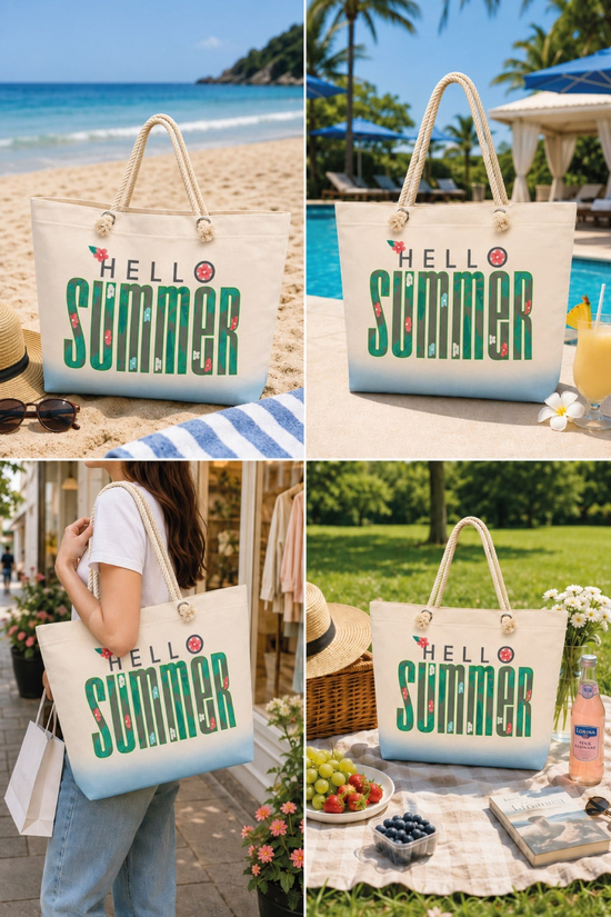 Waldern Plaj Çantası Hello Summer Yeşil Bez Çanta