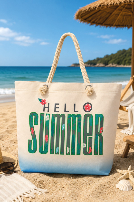 Waldern Plaj Çantası Hello Summer Yeşil Bez Çanta