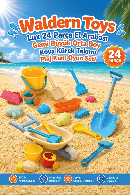 Waldern Toys Lux 24 Parça El Arabası Gemi Büyük Orta Boy Kova Kürek Takımı Plaj Kum Oyun Seti