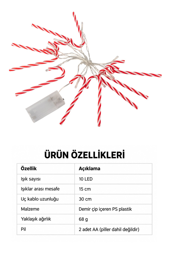 Yılbaşı Dekoratif Led Işık Pilli XL Şeker Kamışı