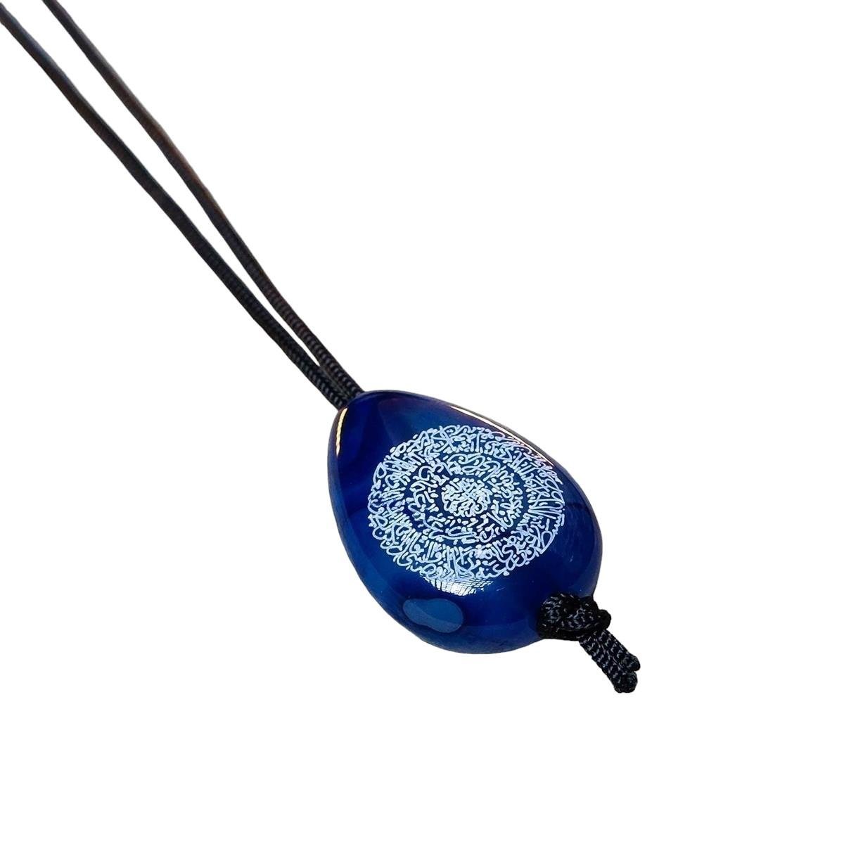 Hilye-i Şerif Yazılı Mavi Damla Kesim Akik Taşı Kolye