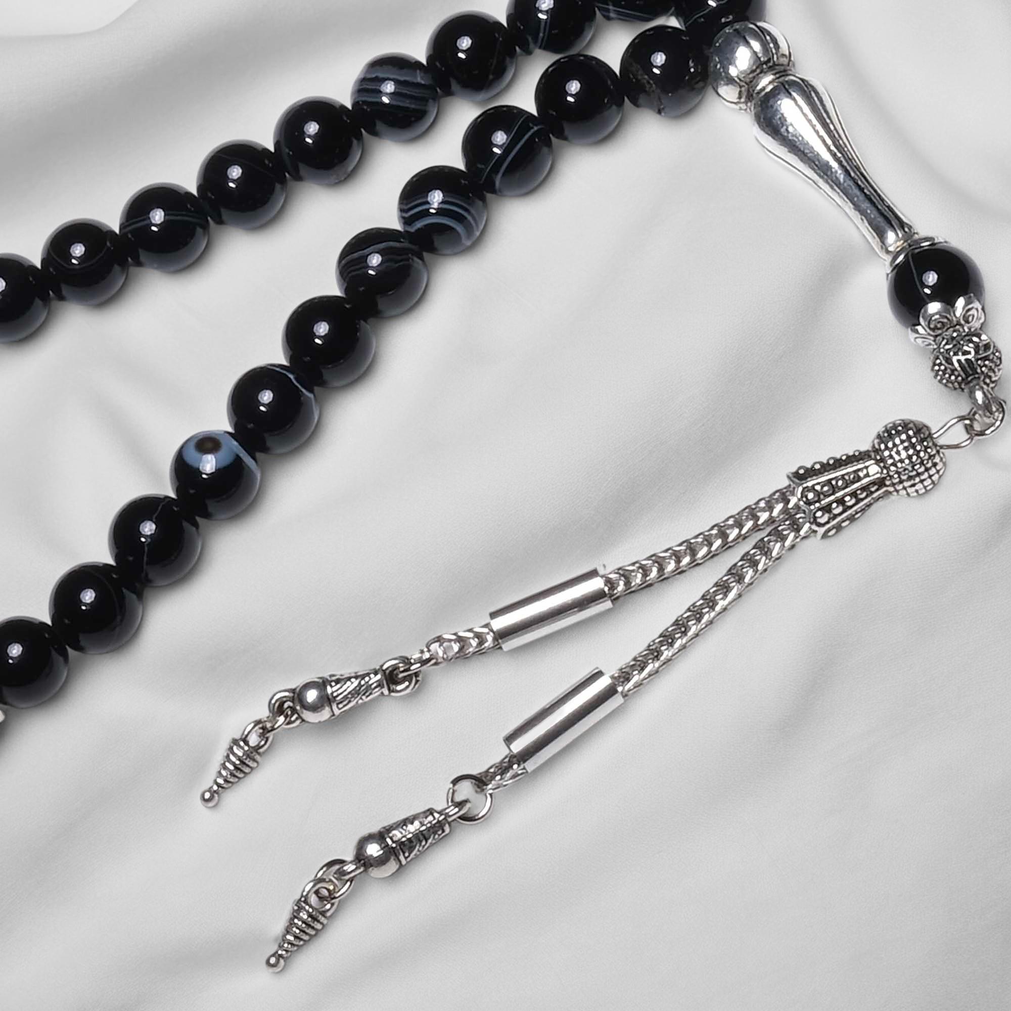 Siyah Damarlı Akik Taşı Tesbih