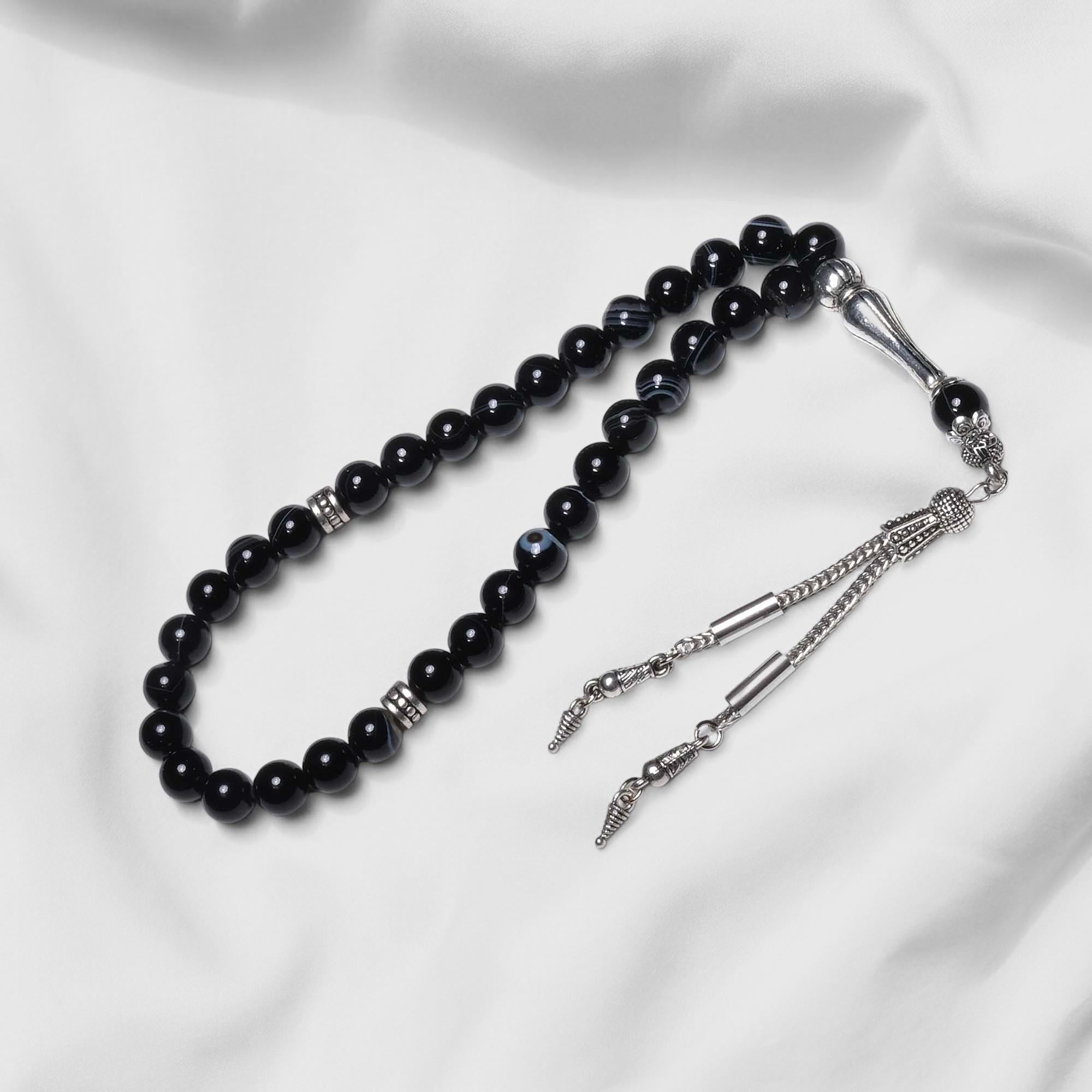 Siyah Damarlı Akik Taşı Tesbih