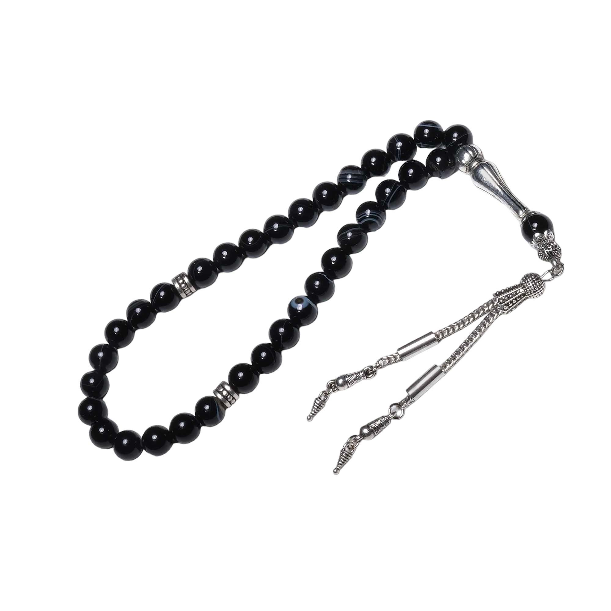 Siyah Damarlı Akik Taşı Tesbih