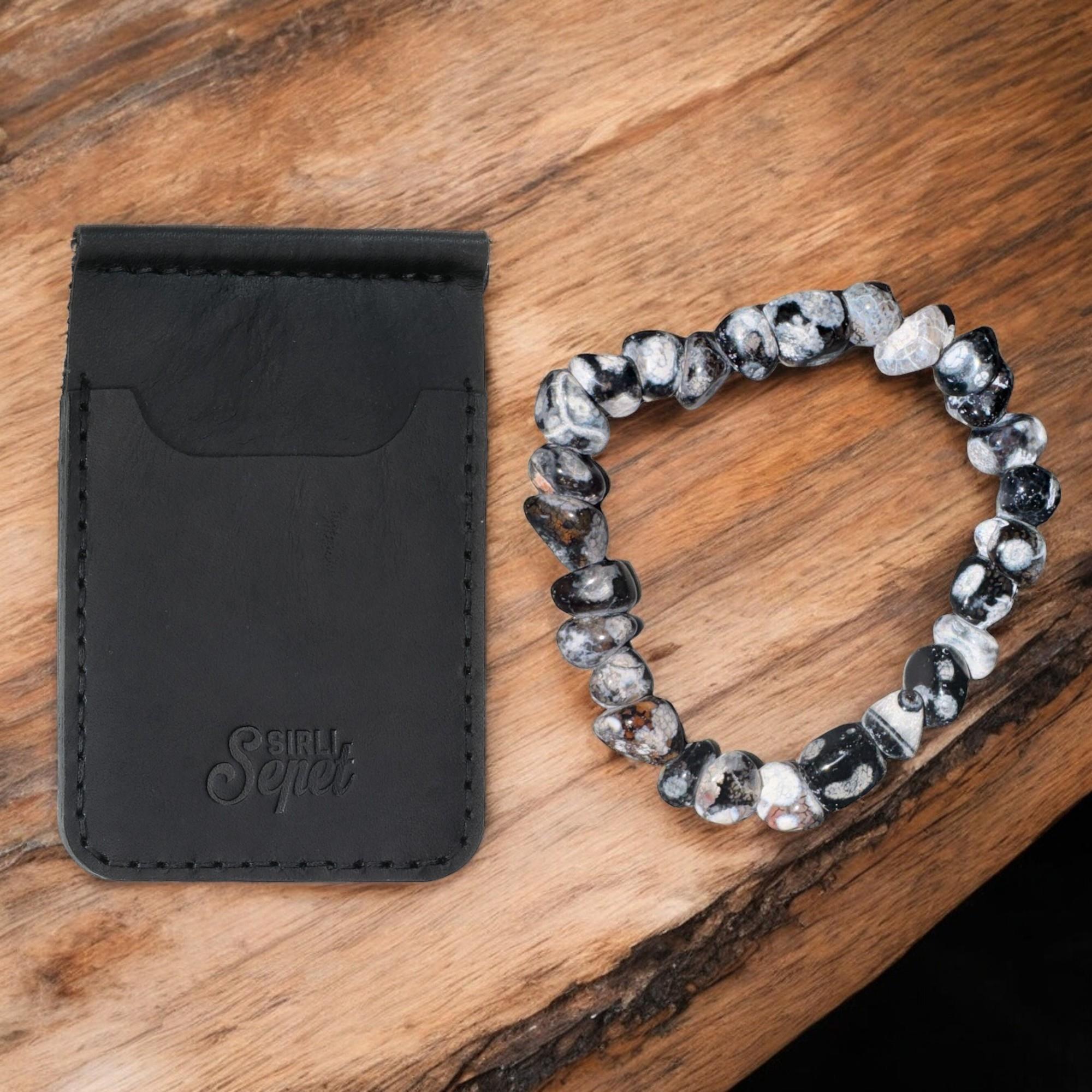 Akik Bileklik Ve Para Tutma Aparatlı Deri Kartlık Erkek Set 