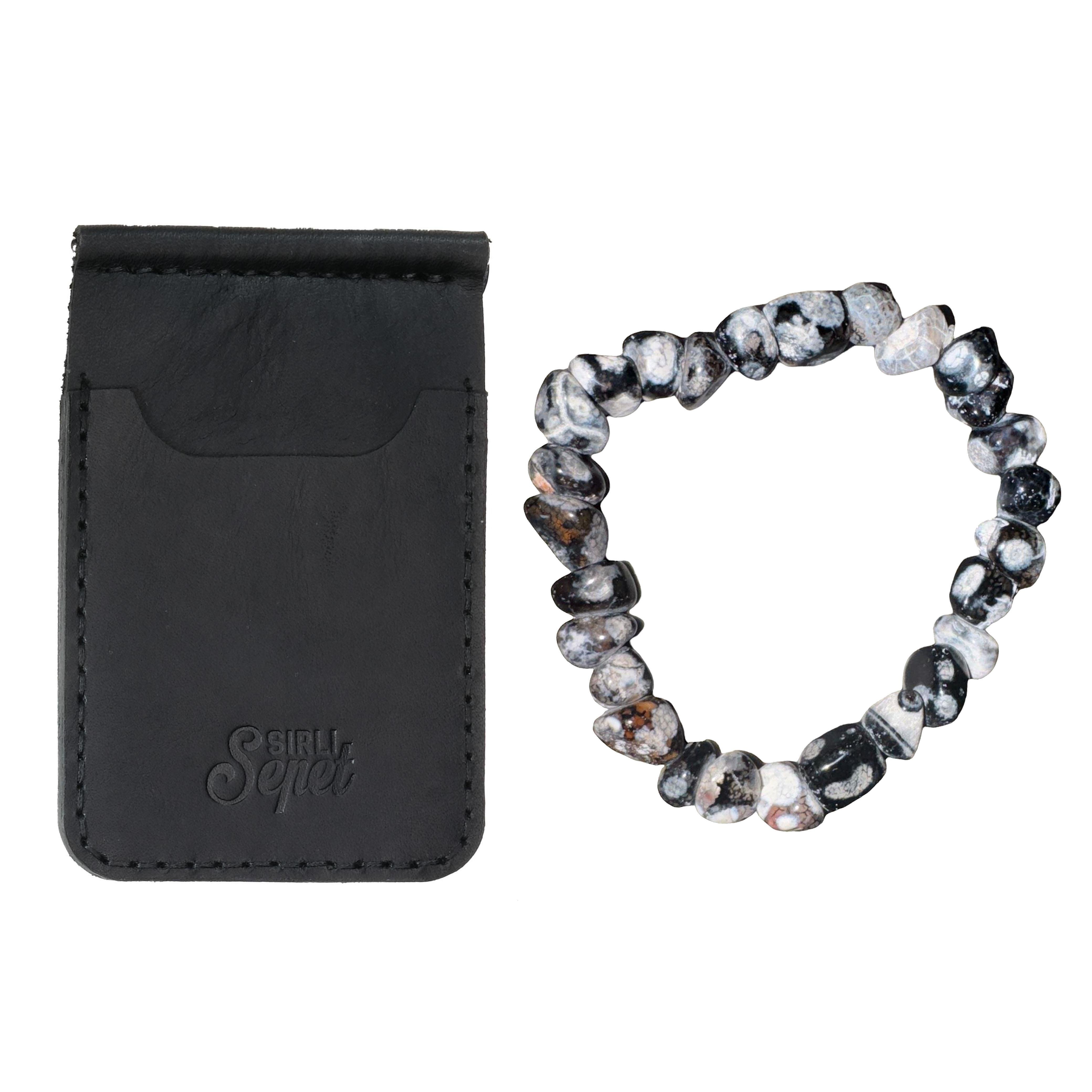 Akik Bileklik Ve Para Tutma Aparatlı Deri Kartlık Erkek Set 