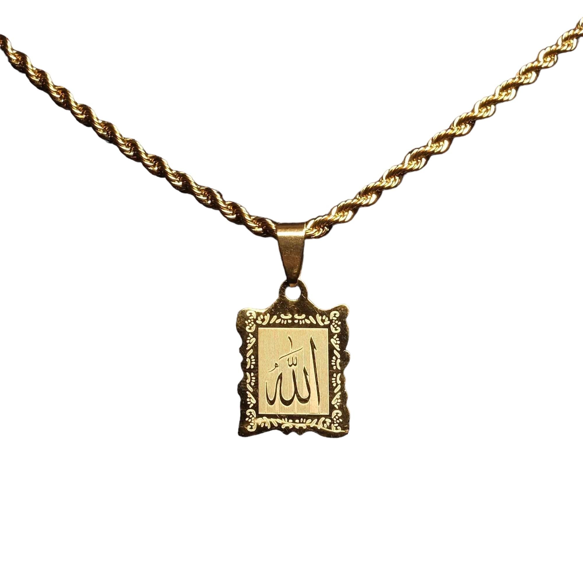Allah Yazılı Dikdörtgen Altın Kaplama Çelik Kolye Burgu Zincirli