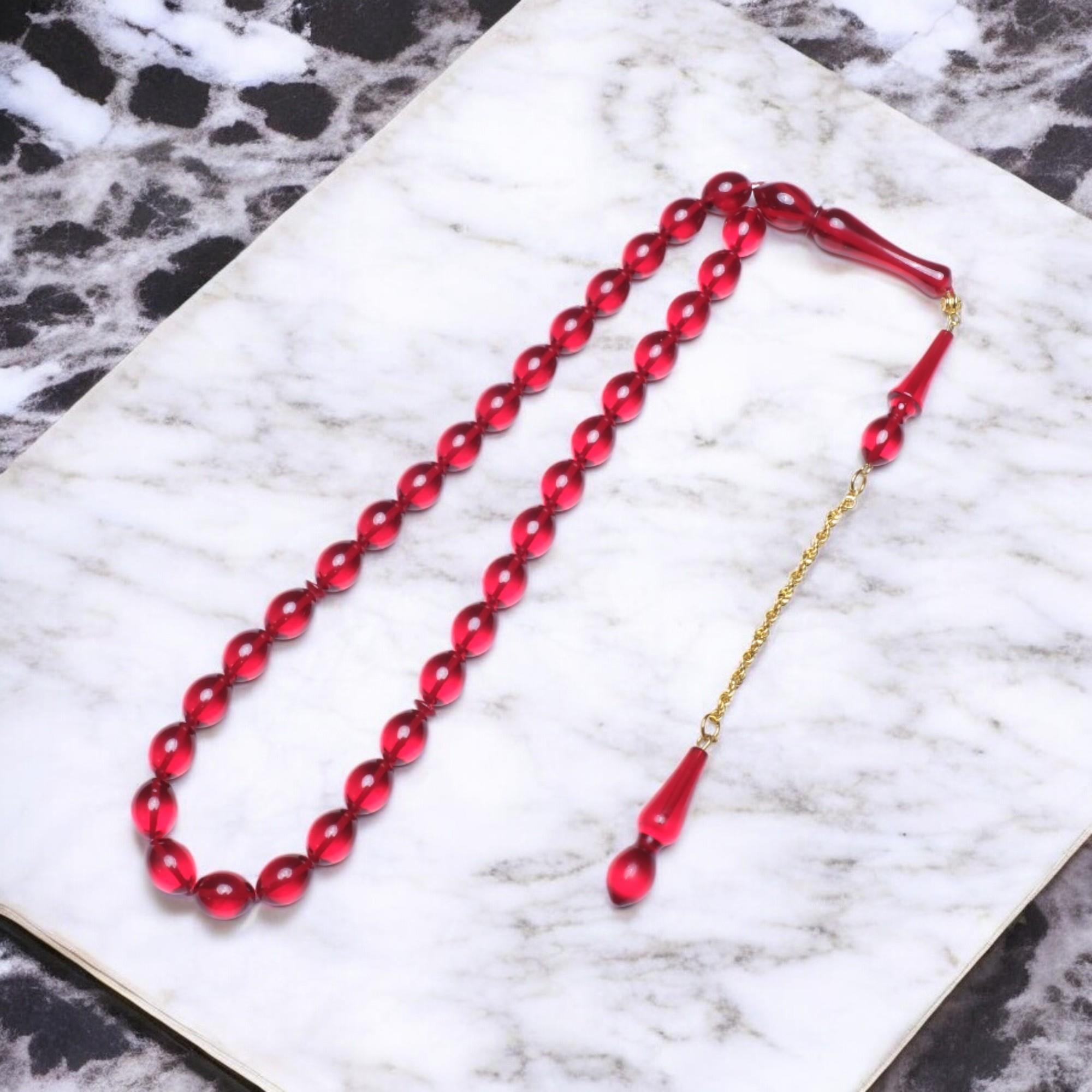 Arpa Kesim Kırmızı Ateş Kehribarı Tesbih (11x8 mm)