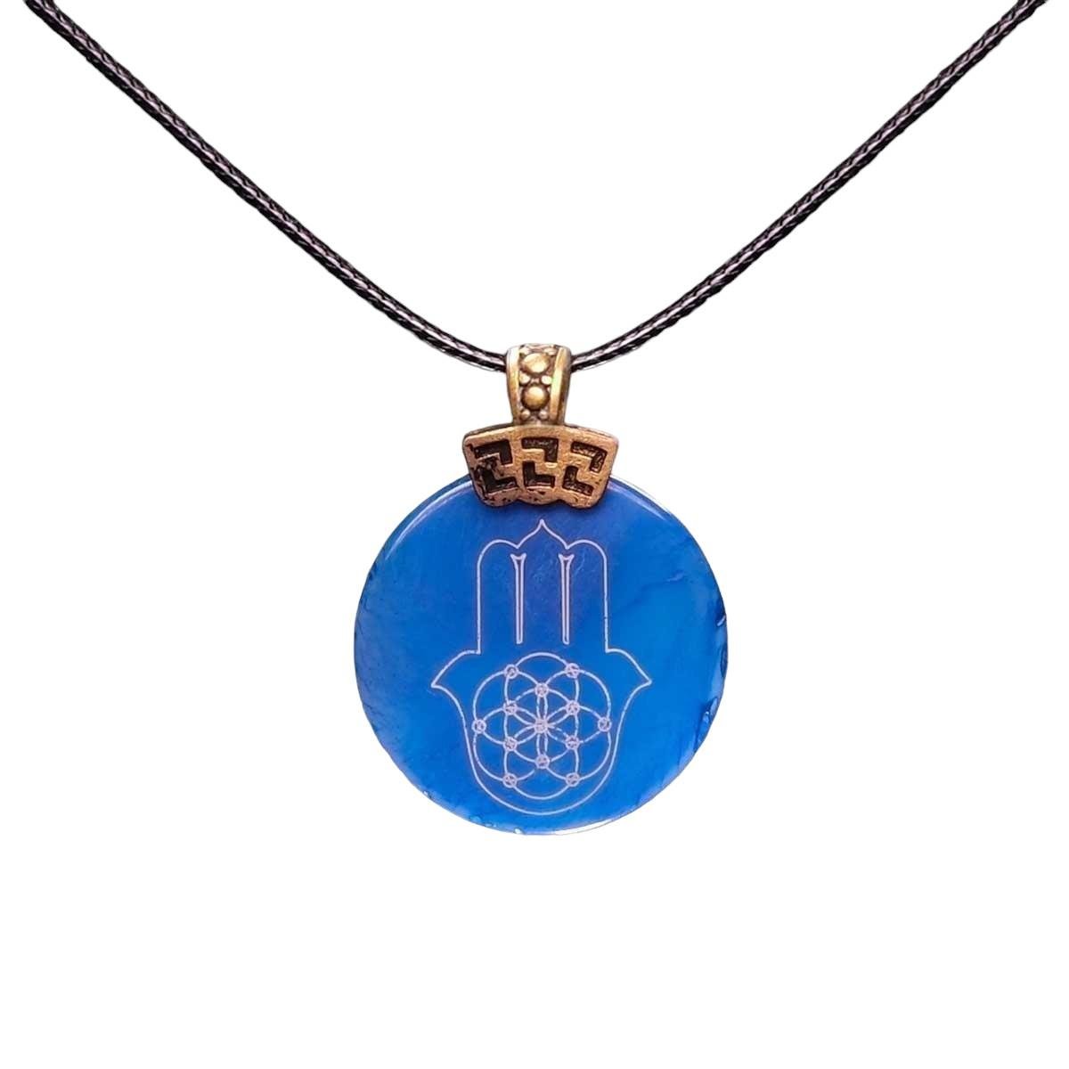 Fatma Ana Eli Yazılı Mavi Yuvarlak Akik Taşı Kolye