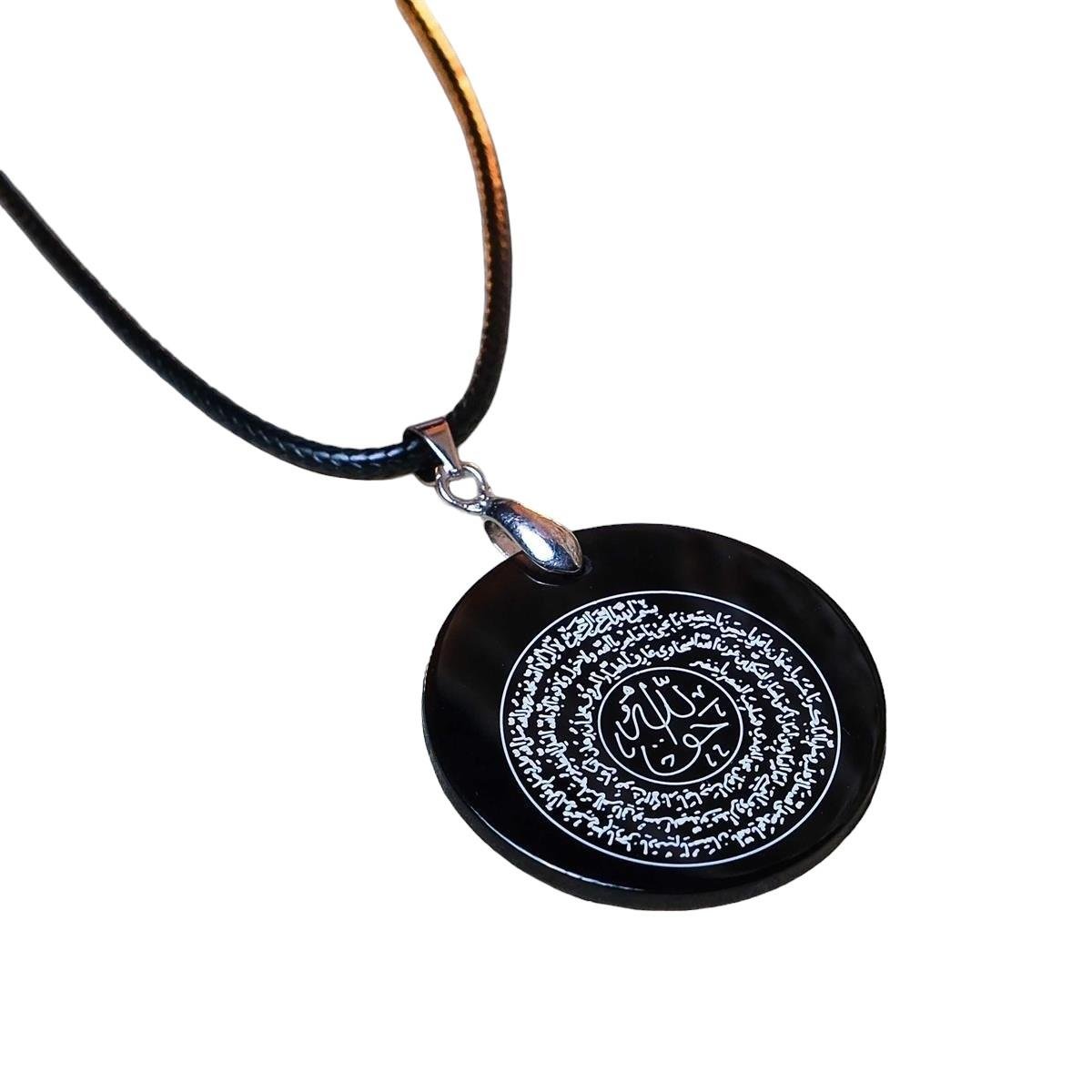 Hakkani Mührü Yazılı Yuvarlak Siyah Akik Taşı Kolye