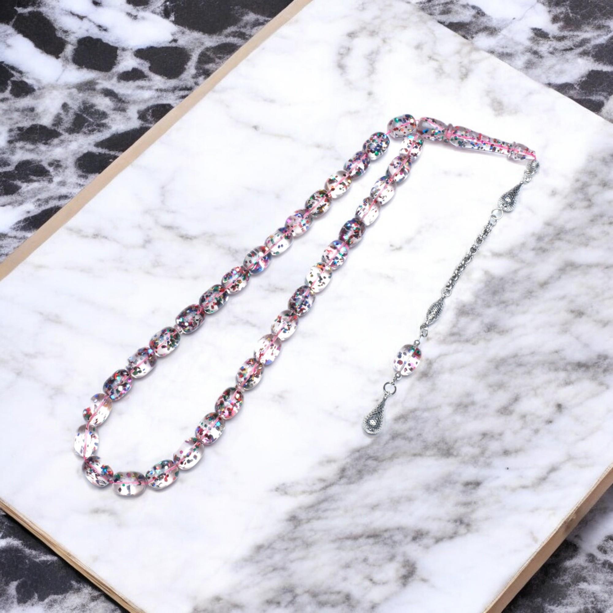 Kapsül Kesim Şeffaf Simli Sıkma Kehribar Tesbih (12x9 mm)