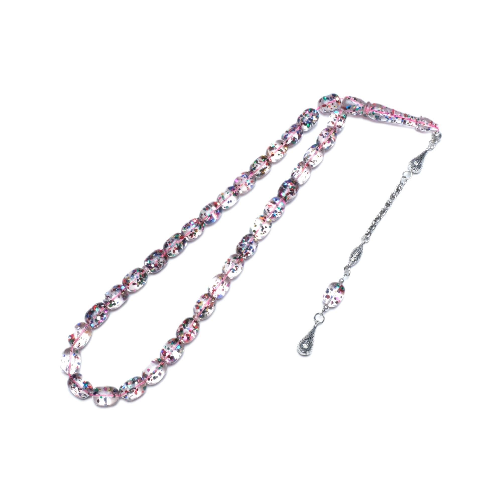 Kapsül Kesim Şeffaf Simli Sıkma Kehribar Tesbih (12x9 mm)