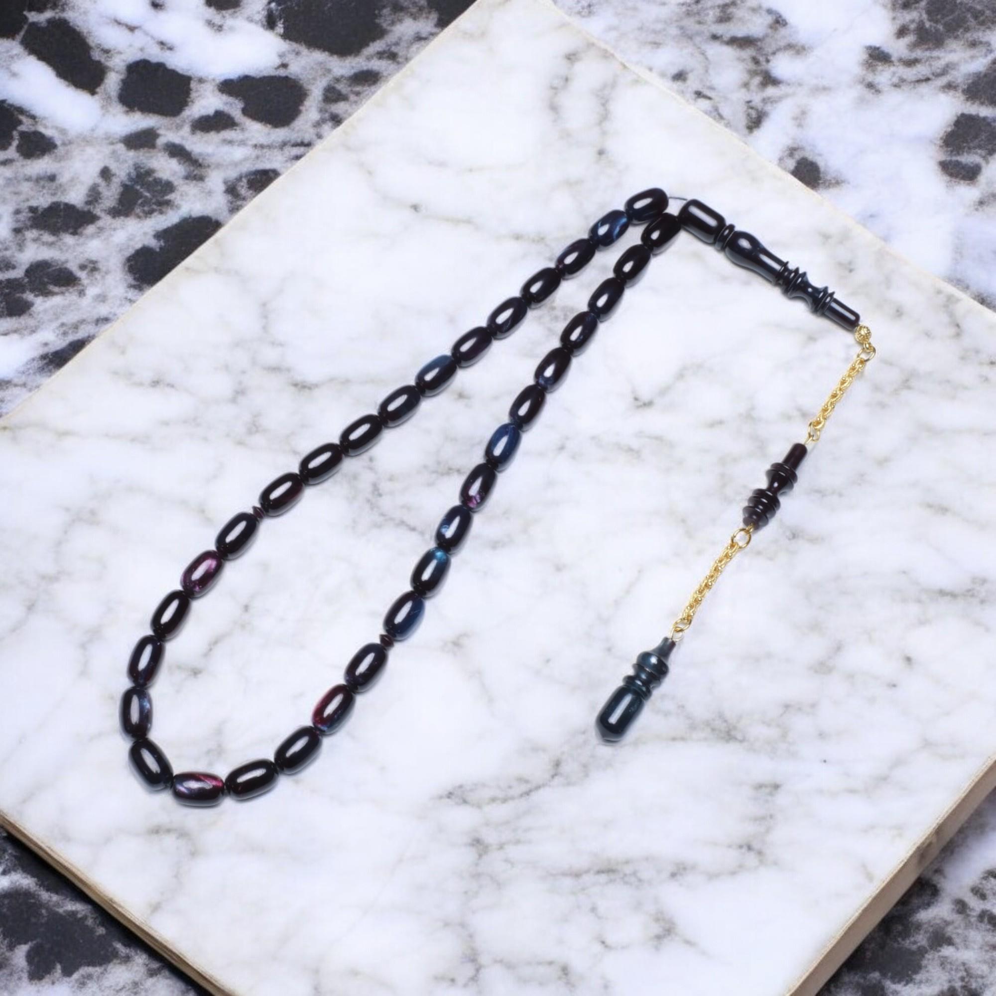 Mor Yeşil Parlak Hareli Kapsül Kesim Sıkma Kehribar Tesbih (12x7 mm)