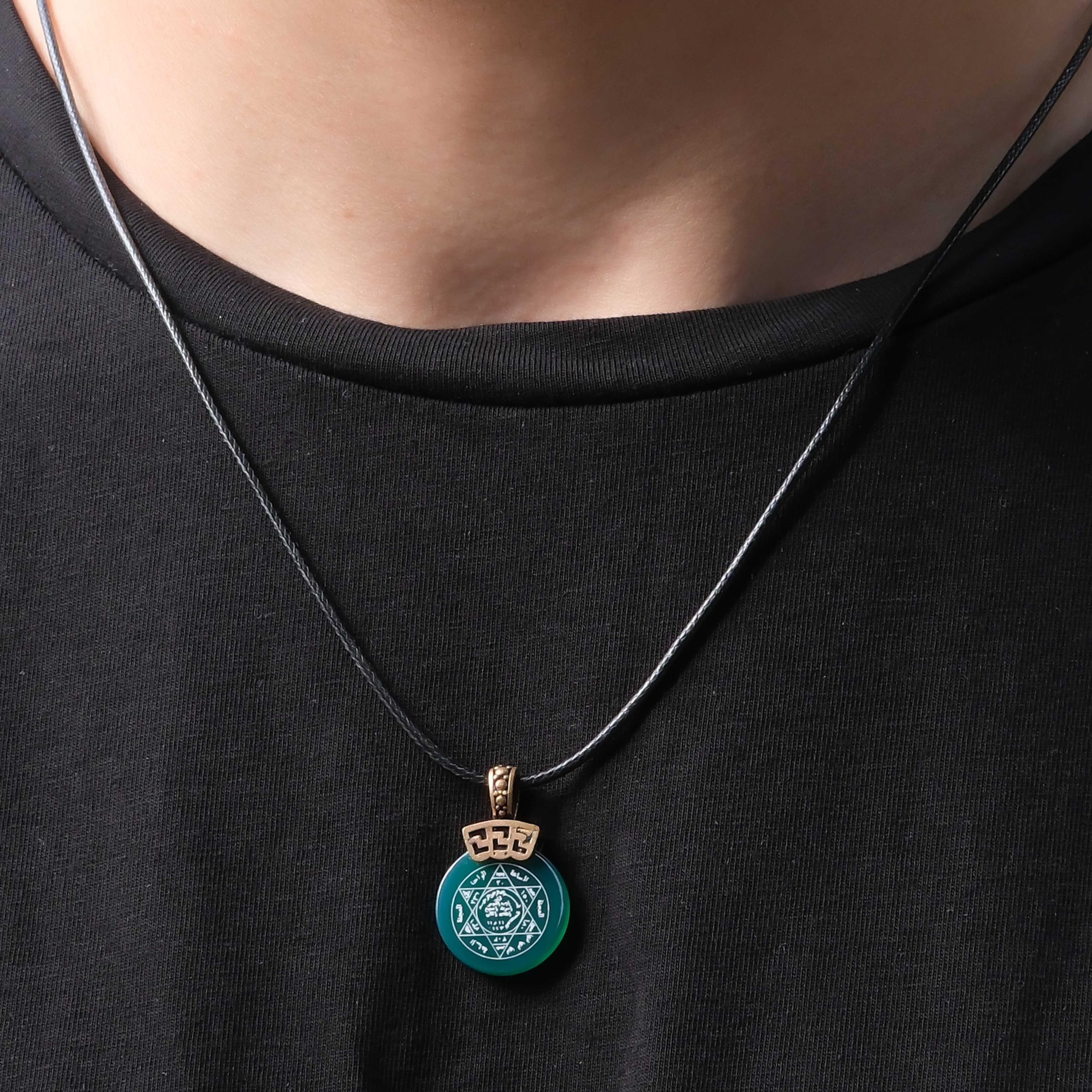 Mührü Süleyman Yazılı Yuvarlak Yeşil Akik Taşı Kolye