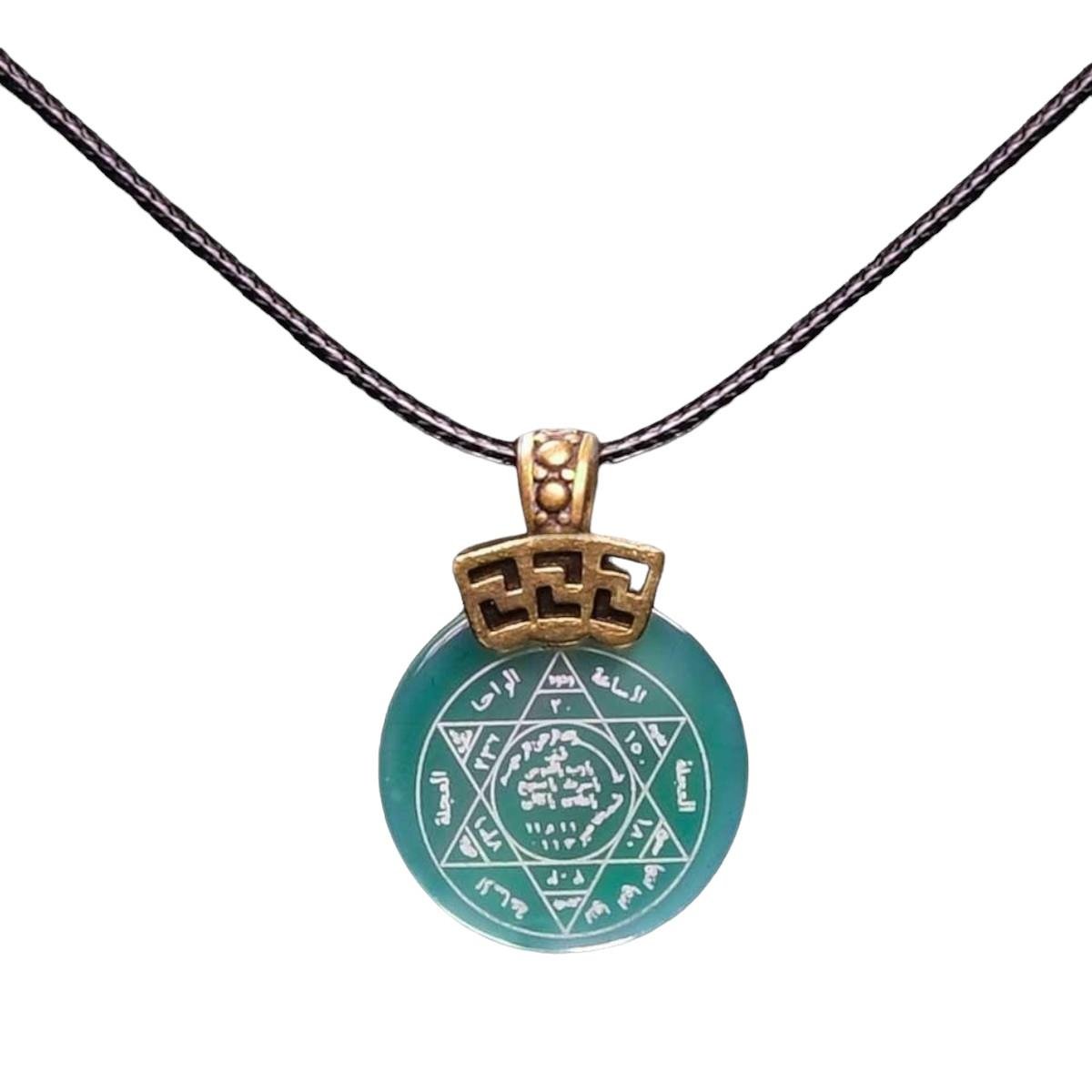 Mührü Süleyman Yazılı Yuvarlak Yeşil Akik Taşı Kolye